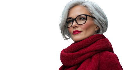 Elegant older woman with stylish gray hair wearing glasses and a red scarf, posing confidently for a portrait against a neutral background