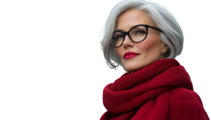 Elegant older woman with stylish gray hair wearing glasses and a red scarf, posing confidently for a portrait against a neutral background
