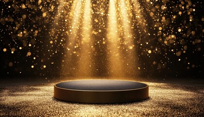 A dark circular platform sits on a bed of gold glitter, illuminated by three bright spotlights, creating a luxurious and celebratory mood.