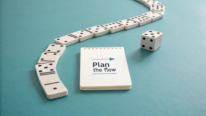 Strategic Planning with Dominoes and Notepad on Blue Background