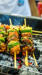 Grilled skewers of meat and vegetables