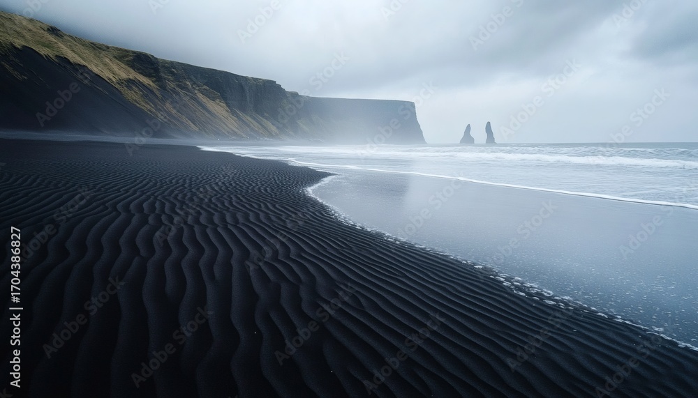 Poster the photo shows a black sand beach with visible wave patterns in the sand, meeting a calm ocean with