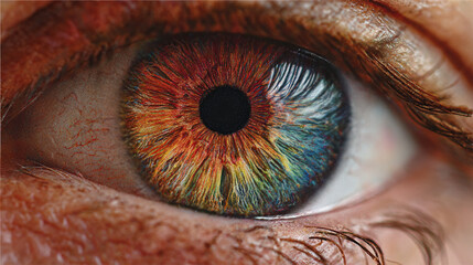 A macro shot of a human eye with a multicolored iris and visible eyelashes and skin details