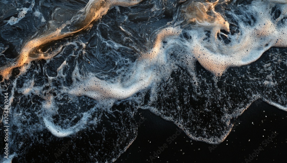 Poster white wave foam with hints of orange from the setting sun flows onto a dark beach, creating a beauti