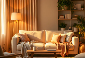 soft golden lamps cast a glow across a cozy living room plush sofa with pillows warm rug underfoot bookshelves lined with stories gentle light flickers in the fireplace creating comfort and calm