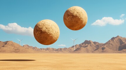 Two large, spherical objects hover above a desert landscape, with wind turbines in the background and a clear blue sky.