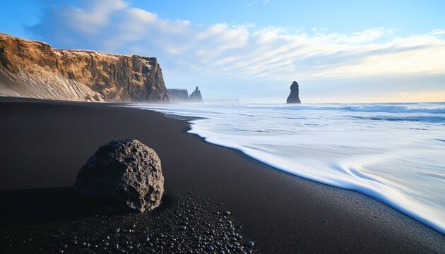 The photo shows a scenic coastal landscape featuring black sand, waves, cliffs, and rock formations under a partly cloudy sky.