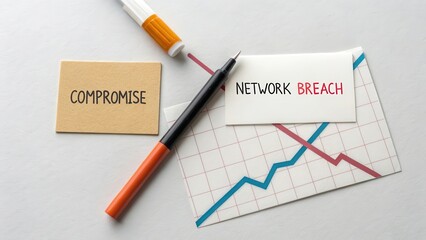 Concept of Network Breach with Chart and Pen on Grey Background