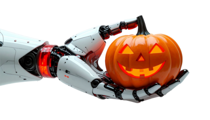 A Halloween-themed image features a robot's hand holding a carved pumpkin with a glowing face