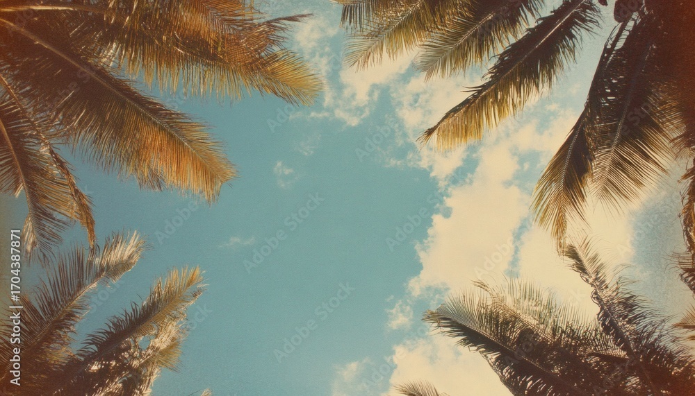 Poster the image shows a view from below of several palm tree fronds against a mostly clear pale blue sky w