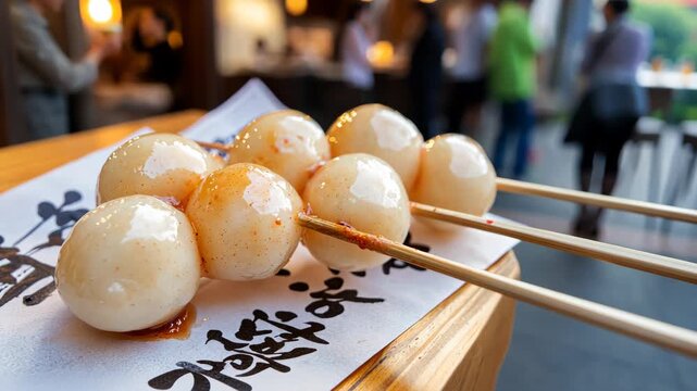 Delicious japanese dango skewers on display with busy street background