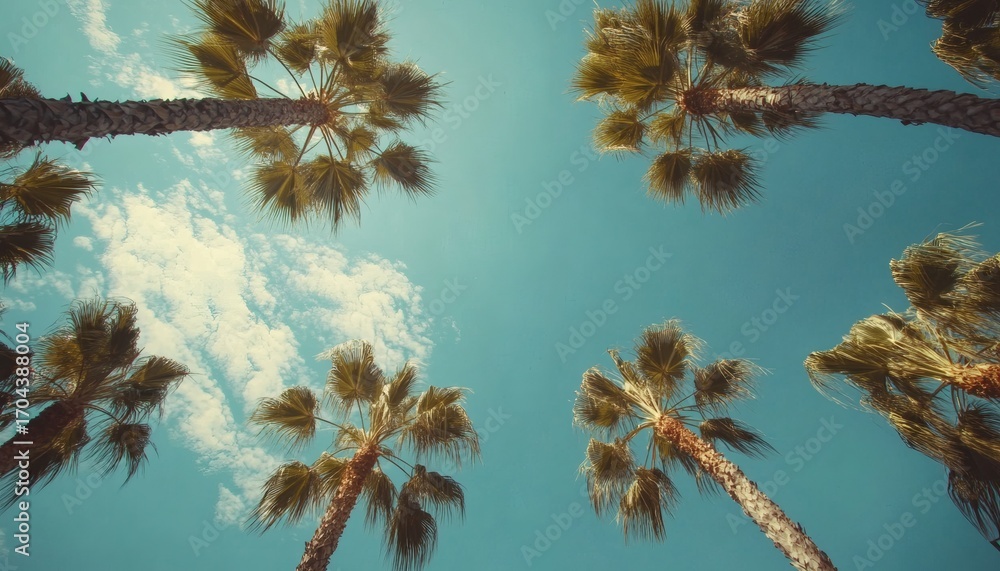 Poster the image shows several palm trees viewed from below against a bright, clear sky with a few clouds.