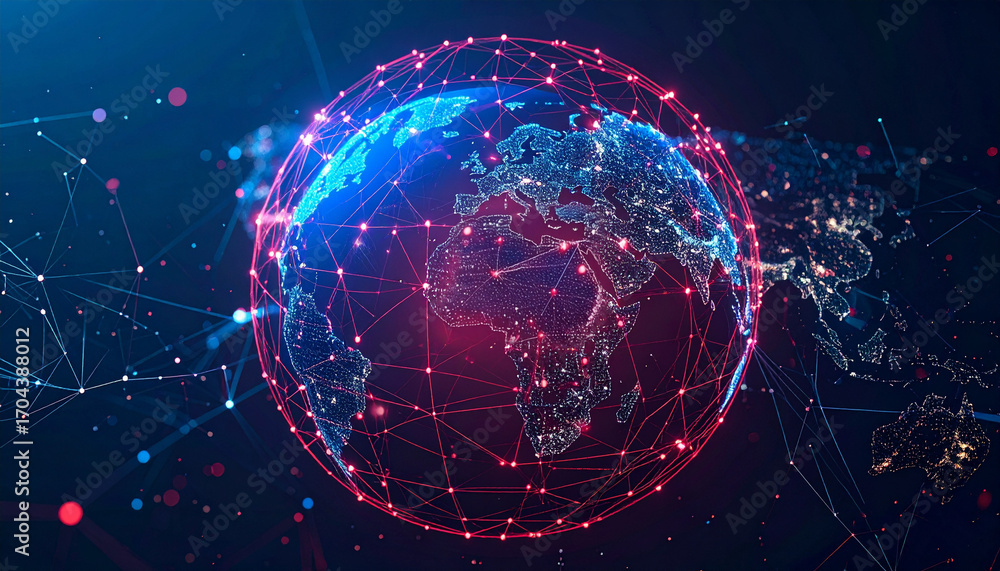 Poster a digitally rendered world map with glowing connected nodes, highlighting global connectivity and te