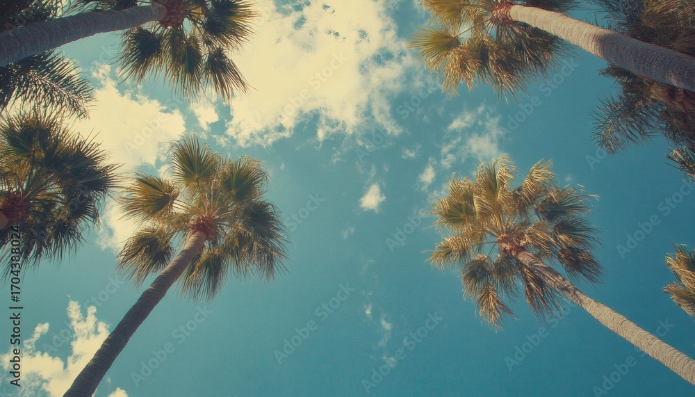 Poster the image shows several palm trees viewed from below against a mostly clear blue sky with a few clou
