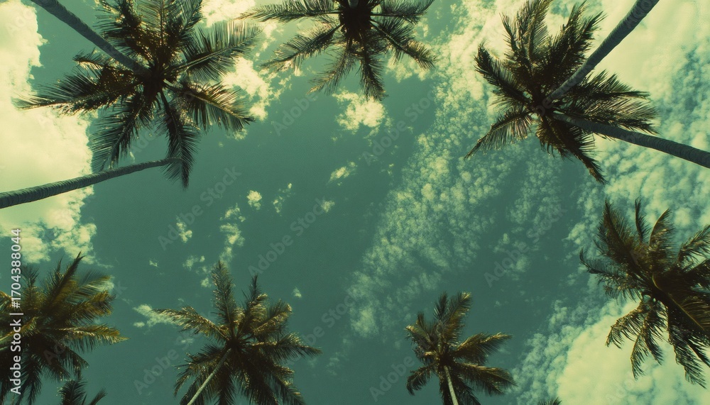 Poster the photograph shows multiple palm trees viewed from below against a backdrop of a partly cloudy sky