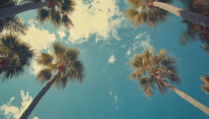 Fototapeta premium The image shows several palm trees viewed from below against a mostly clear blue sky with a few clouds