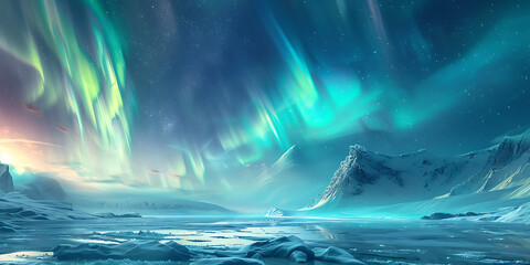 Naklejka premium Arctic Aurora Borealis over Icy Waters and Mountains