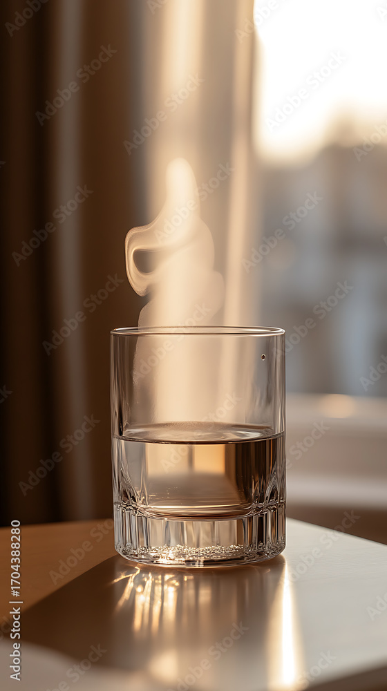 Poster steaming glass of water sits on a table, bathed in warm sunlight filtering through a nearby window c