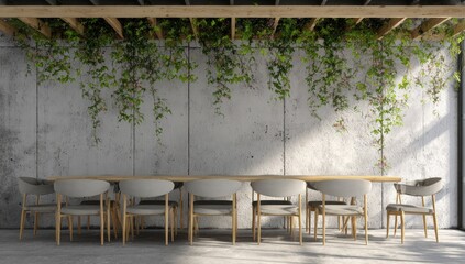 Modern dining area with a light-gray concrete wall, wooden beams, and hanging plants creates a serene and calming atmosphere.