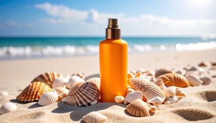 Orange sunscreen bottle on sandy beach with seashells (1)
