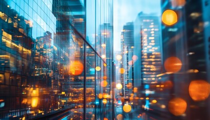 The image shows the reflection of a city's lights and buildings in the glass facade of a skyscraper at night.