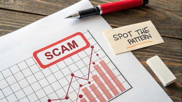 Analysis of scam trends with bar graph and analysis tools on desk