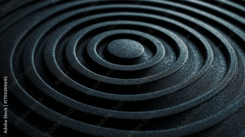 Poster a close up shot showing concentric circles carved into a dark textured surface with a center point