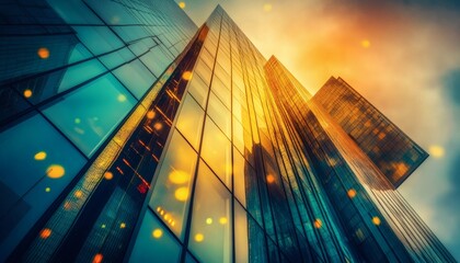 The image shows two modern glass skyscrapers reflecting the setting sun, creating warm golden and teal hues.