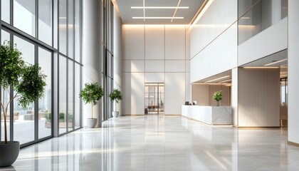 The spacious lobby features a marble reception desk, large windows offering city views, and potted plants adding natural elements to the contemporary design.