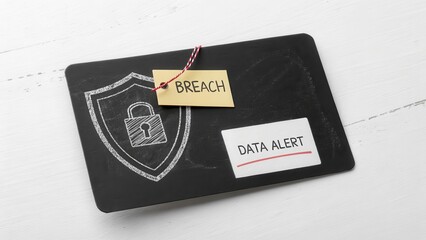 Obraz premium Data Breach Security Alert with Shield and Warning Label Concept
