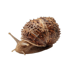 Close-up of a large, brown snail with a textured shell