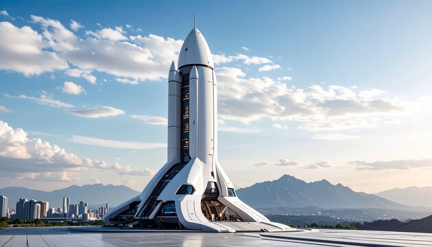 An imposing futuristic spacecraft poised for launch against a backdrop of city and mountains, embodying innovation and exploration