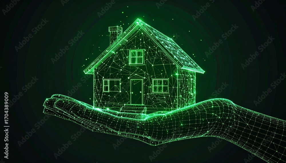 Poster a futuristic digital rendering of a house held within the palm of a hand. it depicts a network of in