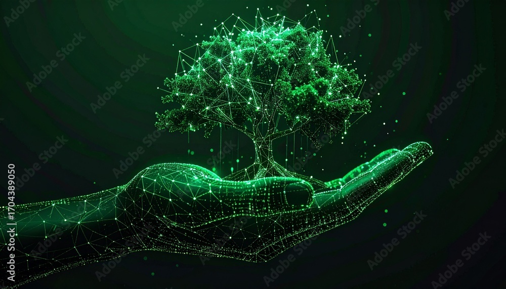 Aufkleber a digital representation of a tree held in a hand, symbolizing technology and the environment. this 