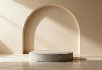 Minimalist Beige Product Display A sleek, round, neutral pedestal rests in front of an archway in a serene, empty studio setting. Bathed in soft light.