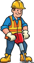 Fototapeta premium Vector art of construction worker using a jackhammer