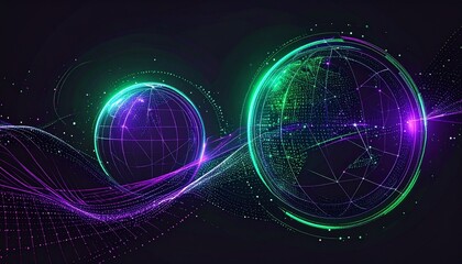 Futuristic digital globes emitting vibrant green and purple light, interconnected by flowing lines, representing the digital world.