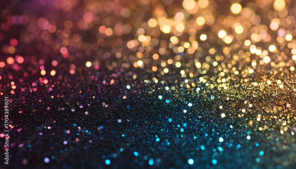 Poster the image shows a textured surface covered in multicolored glitter, with blurred lights creating a b
