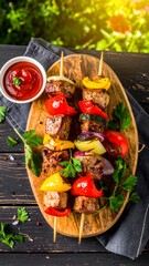 Grilled skewers with vegetables on a wooden board
