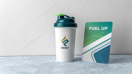 Obraz premium Energy Drink Container with Card on Table Background for Fitness Use