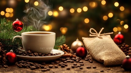 Steaming coffee with festive decorations