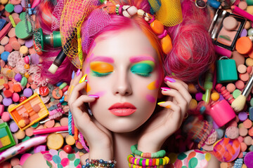 Vibrant makeup artistry featuring a model with colorful hair and face paint amidst a backdrop of cosmetics and beauty tools.