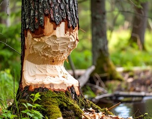 Close-up of a tree trunk with beaver gnaw marks