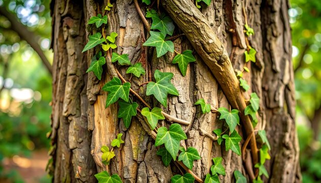 Ivy clinging to a weathered tree trunk