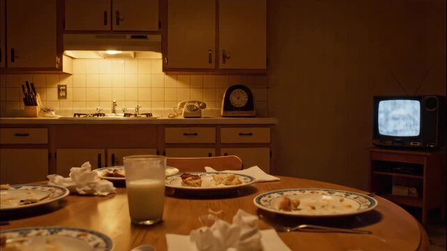 Haunting Stillness: An Empty Dining Table with TV Static in a Dimly Lit Retro Kitchen