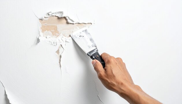 Hand applying white spackling paste to a cracked wall using a putty knife, illustrating a home repair process with focus on tool use and surface restoration.