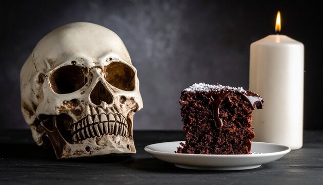 A captivating composition featuring a skull, a piece of chocolate cake on a plate, and a lit candle, invoking a sense of introspection and reflection - Powered by Adobe