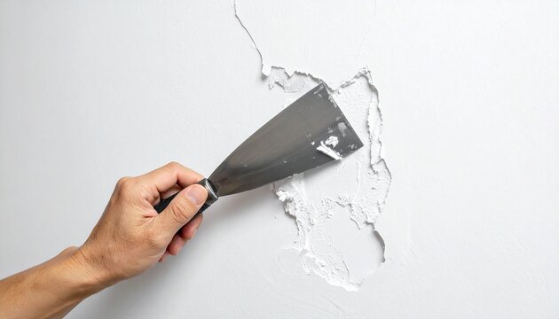 Hand applying white spackling paste to a cracked wall using a putty knife, illustrating a home repair process with focus on tool use and surface restoration.