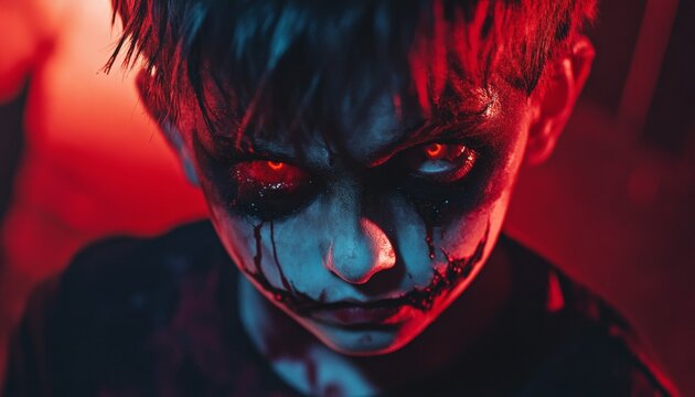A close-up shot depicts a child with dark, bloody makeup, glowing red eyes, and a sinister expression.