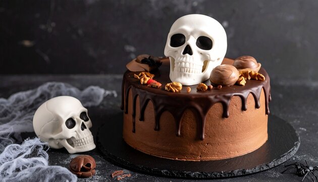 Spooky chocolate cake decorated with skull for halloween. A delectable halloween-themed chocolate cake